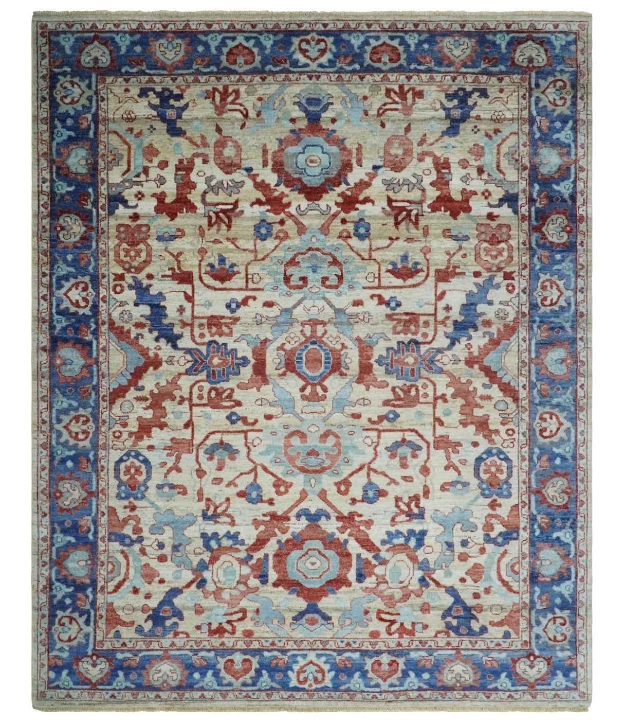 Hand Knotted Blue and Ivory Antique Vintage Style Custom Made Wool Rug