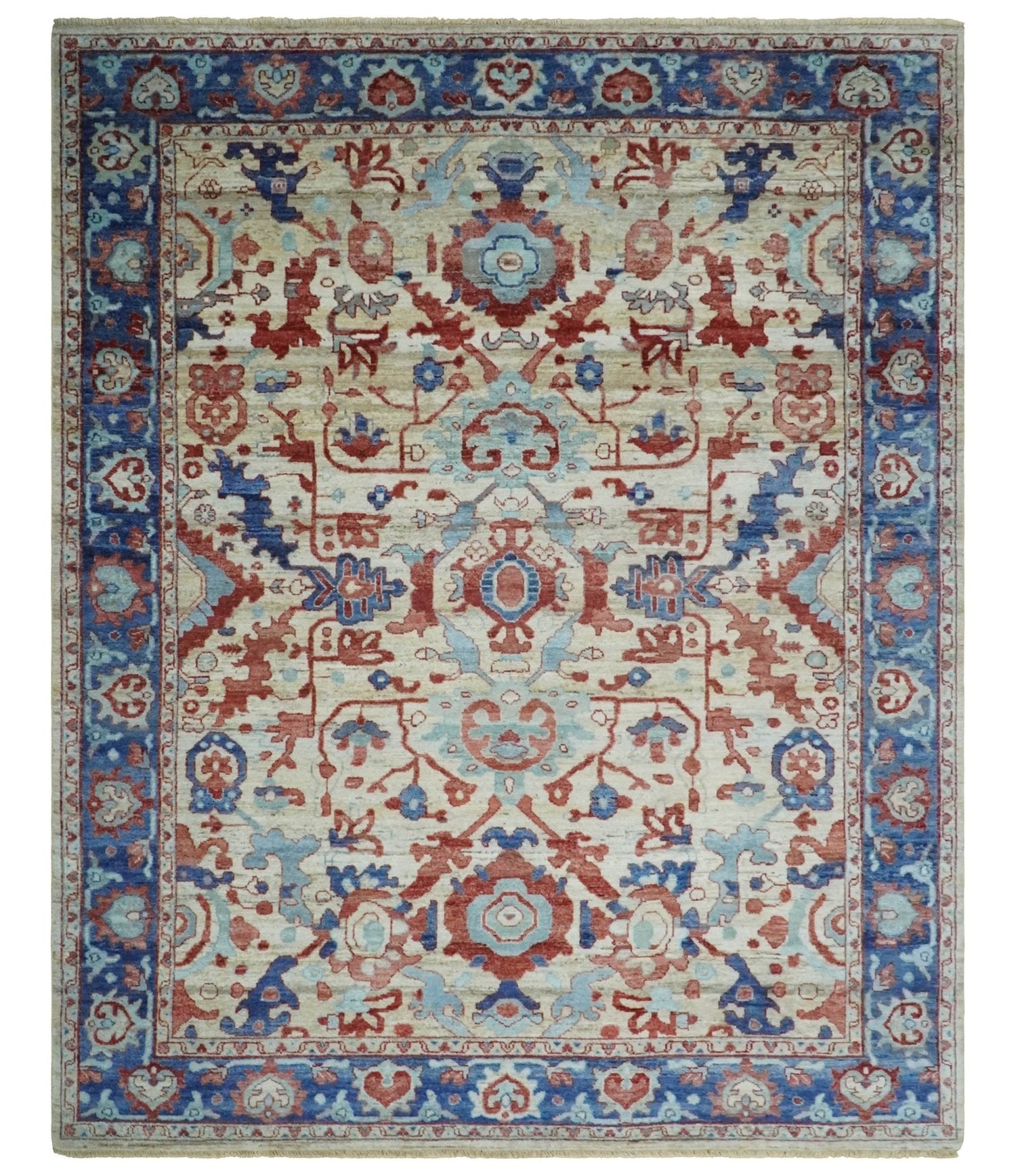 Hand Knotted Blue and Ivory Antique Vintage Style Custom Made Wool Rug