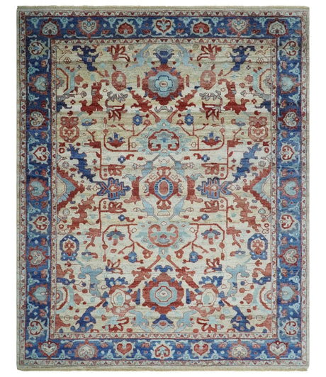 Hand Knotted Blue and Ivory Antique Vintage Style Custom Made Wool Rug