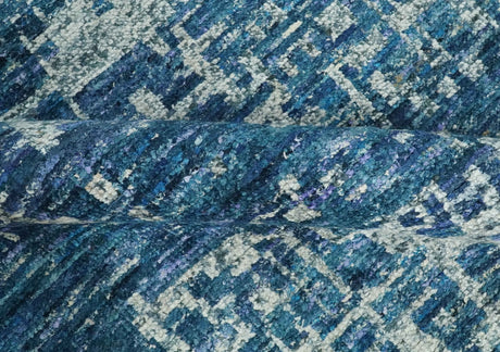 Hand Knotted Blue and Ivory Modern Abstract Contemporary Recycled Silk Area Rug