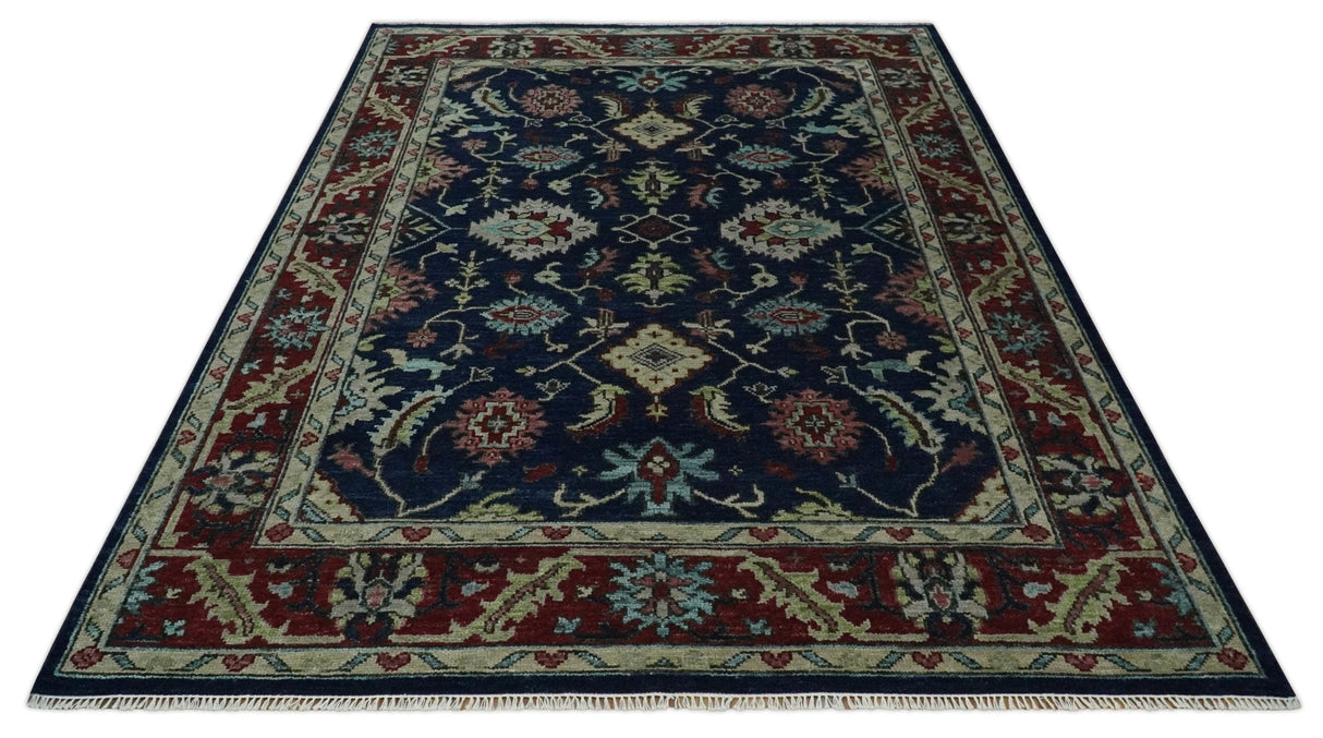 Hand Knotted Blue and Maroon Traditional Oriental Oushak Custom Made Wool Area Rug