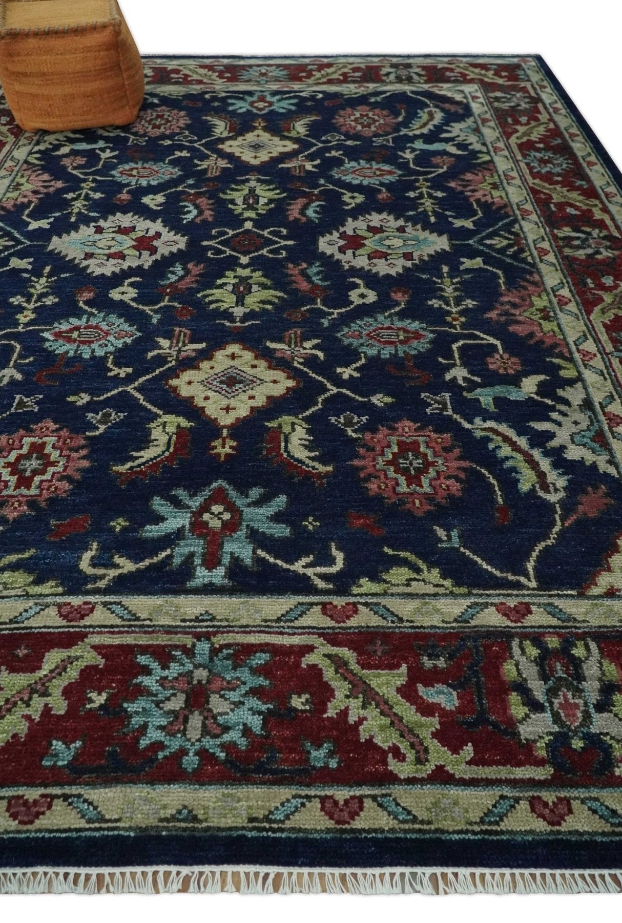Hand Knotted Blue and Maroon Traditional Oriental Oushak Custom Made Wool Area Rug