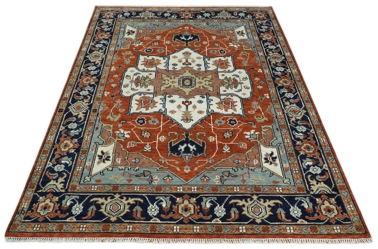Hand Knotted Blue and Rust Traditional Heriz Multi Size Wool Area Rug