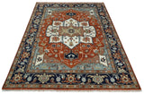 Hand Knotted Blue and Rust Traditional Heriz Multi Size Wool Area Rug