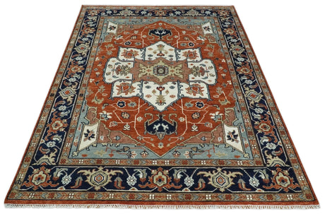Hand Knotted Blue and Rust Traditional Heriz Multi Size Wool Area Rug