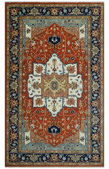 Hand Knotted Blue and Rust Traditional Heriz Multi Size Wool Area Rug