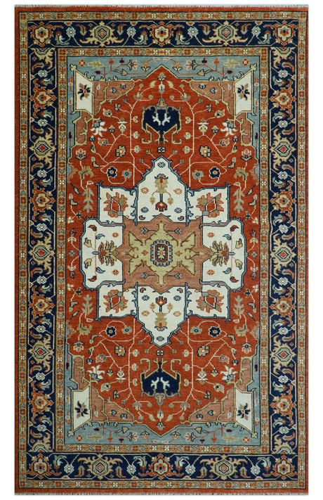 Hand Knotted Blue and Rust Traditional Heriz Multi Size Wool Area Rug