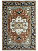 Hand Knotted Blue and Rust Traditional Heriz Multi Size Wool Area Rug
