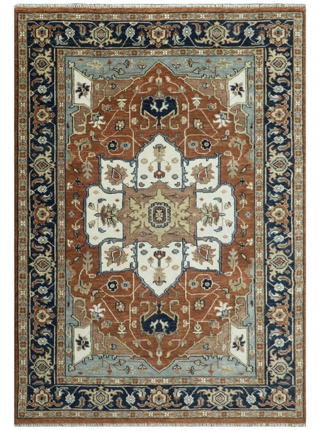 Hand Knotted Blue and Rust Traditional Heriz Multi Size Wool Area Rug