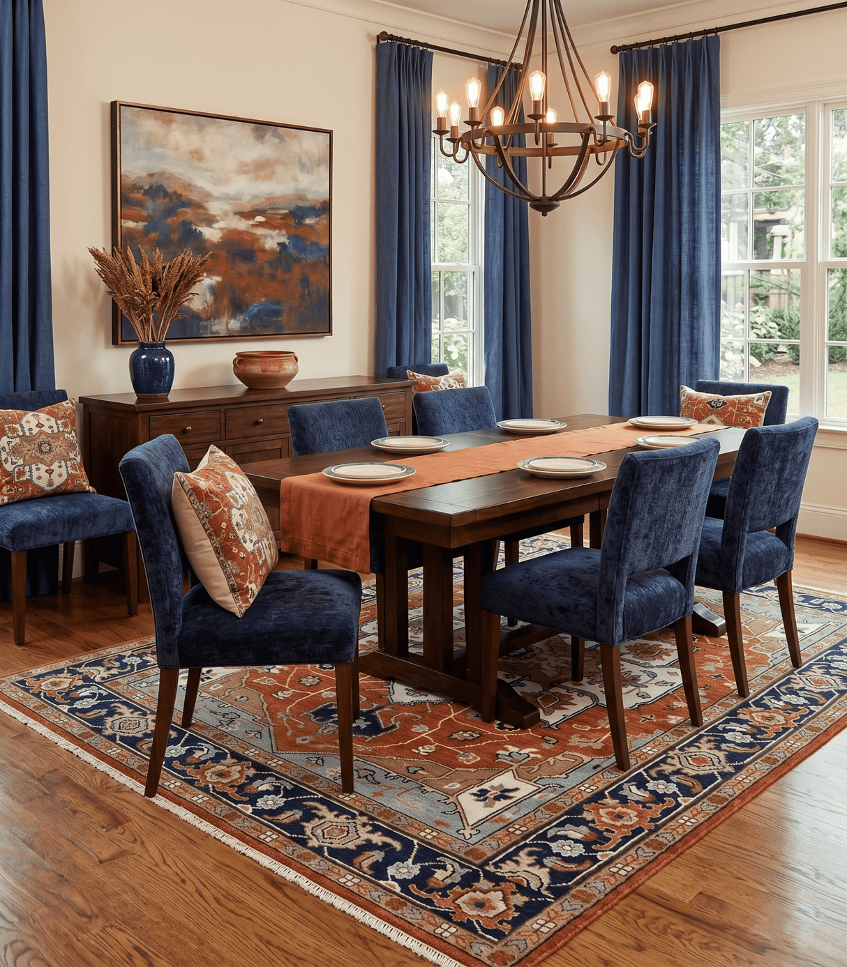 Hand Knotted Blue and Rust Traditional Heriz Multi Size Wool Area Rug