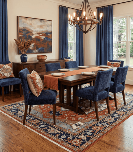 Hand Knotted Blue and Rust Traditional Heriz Multi Size Wool Area Rug