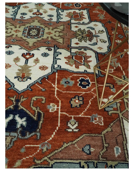 Hand Knotted Blue and Rust Traditional Heriz Multi Size Wool Area Rug