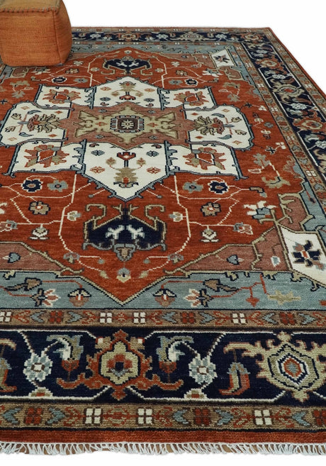 Hand Knotted Blue and Rust Traditional Heriz Multi Size Wool Area Rug