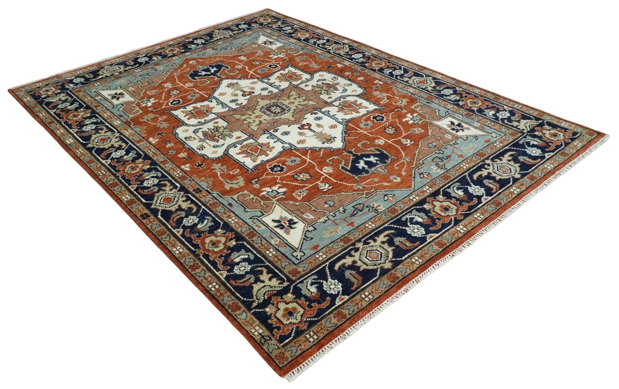 Hand Knotted Blue and Rust Traditional Heriz Multi Size Wool Area Rug