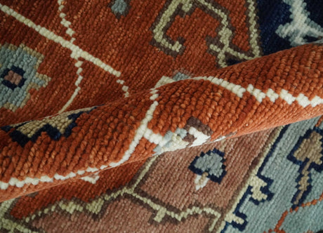 Hand Knotted Blue and Rust Traditional Heriz Multi Size Wool Area Rug