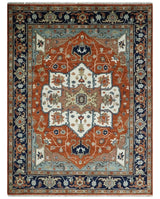 Hand Knotted Blue and Rust Traditional Heriz Multi Size Wool Area Rug