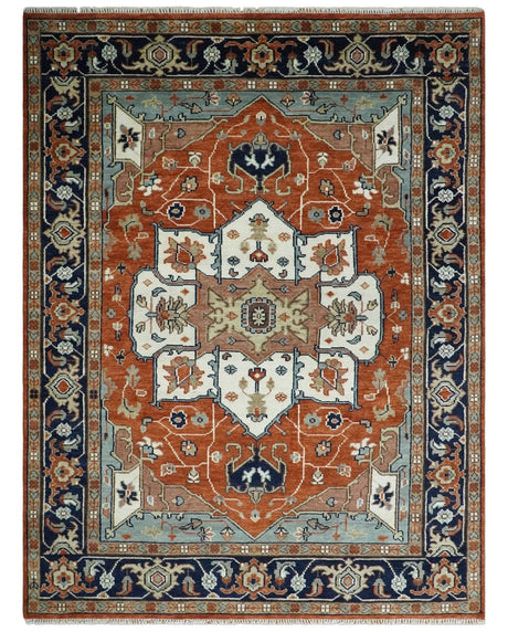 Hand Knotted Blue and Rust Traditional Heriz Multi Size Wool Area Rug