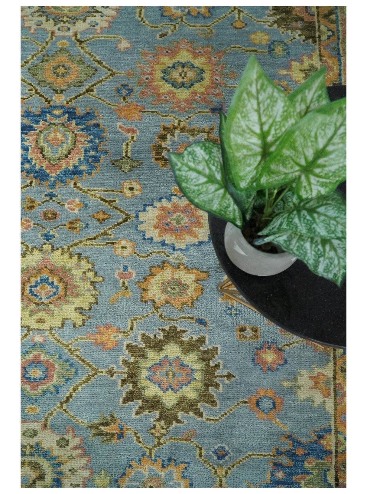 Hand Knotted Blue and Rust Traditional Oushak Area Rug