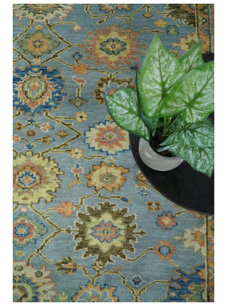 Hand Knotted Blue and Rust Traditional Oushak Area Rug