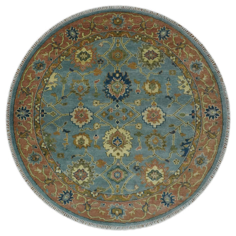 Hand Knotted Blue and Rust Traditional Oushak Area Rug