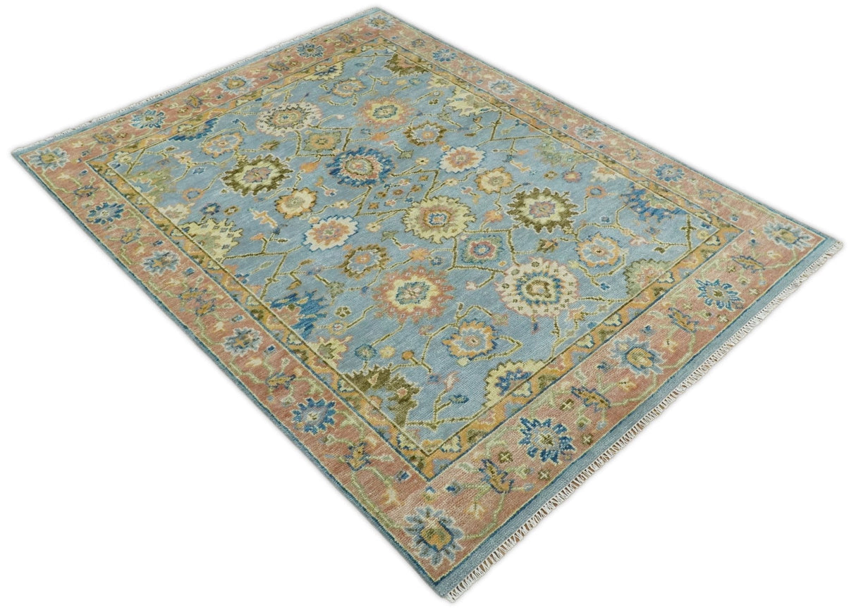 Hand Knotted Blue and Rust Traditional Oushak Area Rug