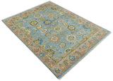 Hand Knotted Blue and Rust Traditional Oushak Area Rug