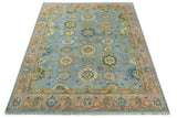 Hand Knotted Blue and Rust Traditional Oushak Area Rug