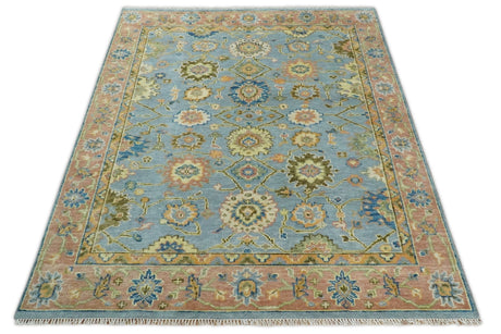 Hand Knotted Blue and Rust Traditional Oushak Area Rug