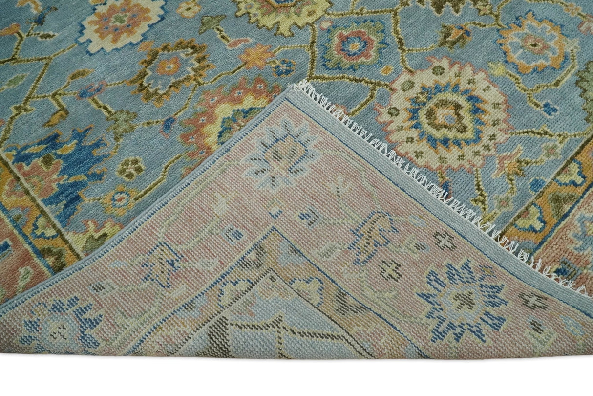 Hand Knotted Blue and Rust Traditional Oushak Area Rug