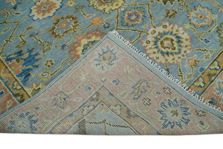 Hand Knotted Blue and Rust Traditional Oushak Area Rug