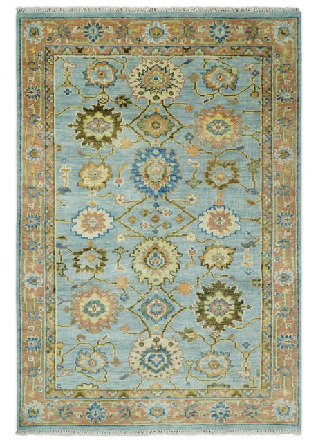 Hand Knotted Blue and Rust Traditional Oushak Area Rug