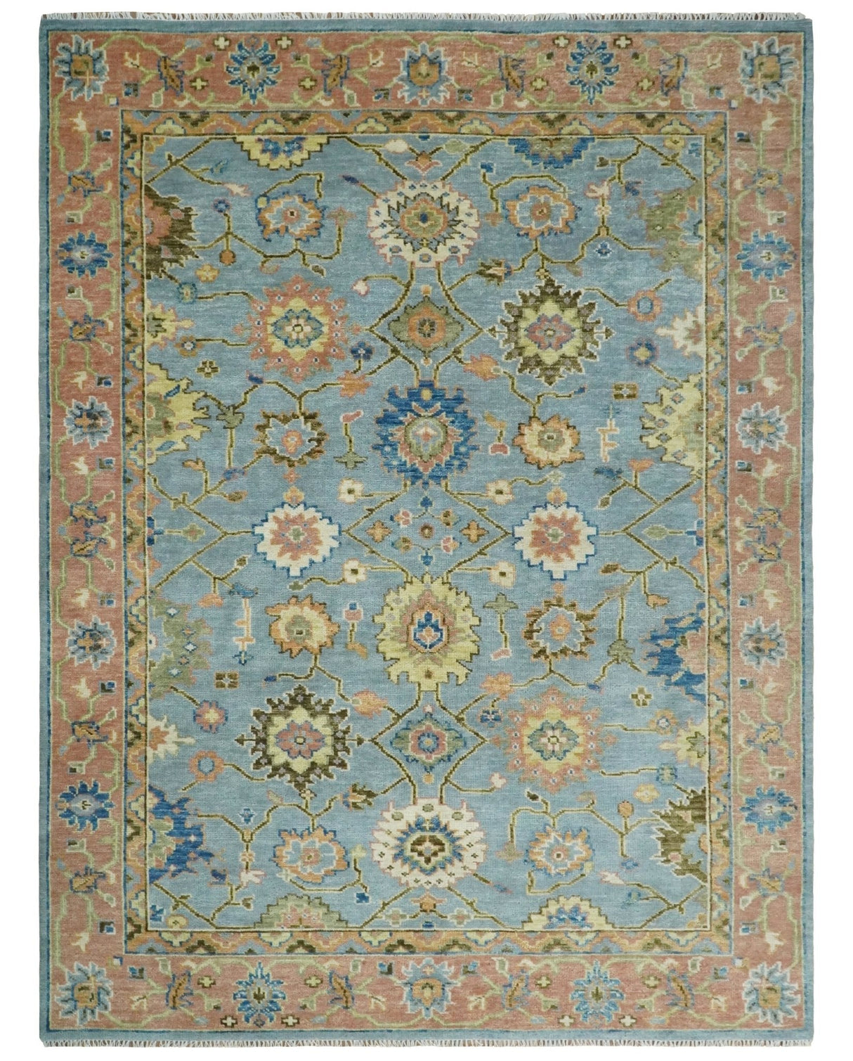 Hand Knotted Blue and Rust Traditional Oushak Area Rug