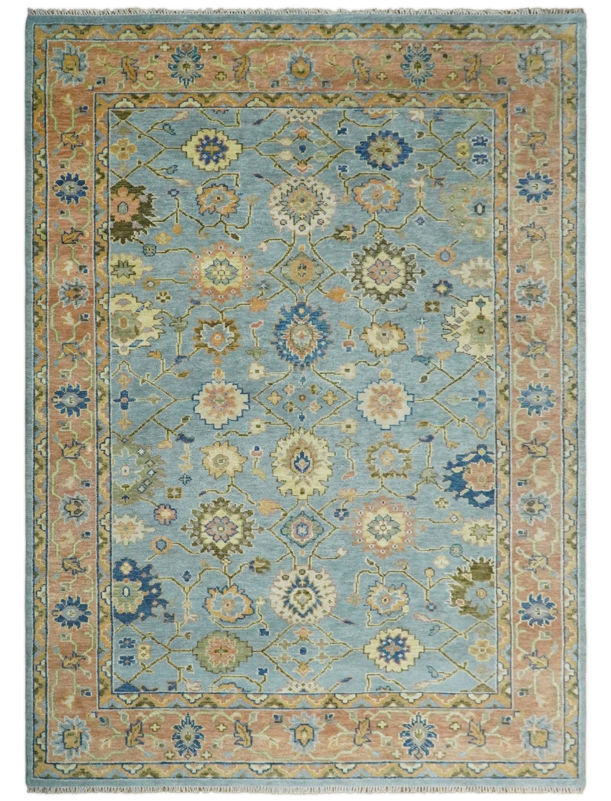 Hand Knotted Blue and Rust Traditional Oushak Area Rug
