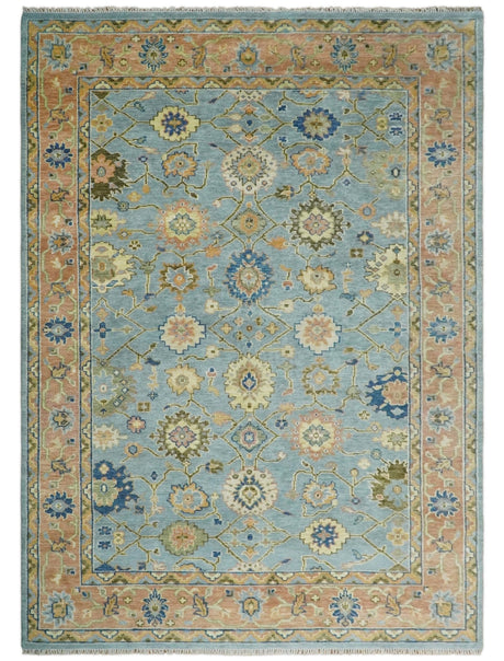 Hand Knotted Blue and Rust Traditional Oushak Area Rug