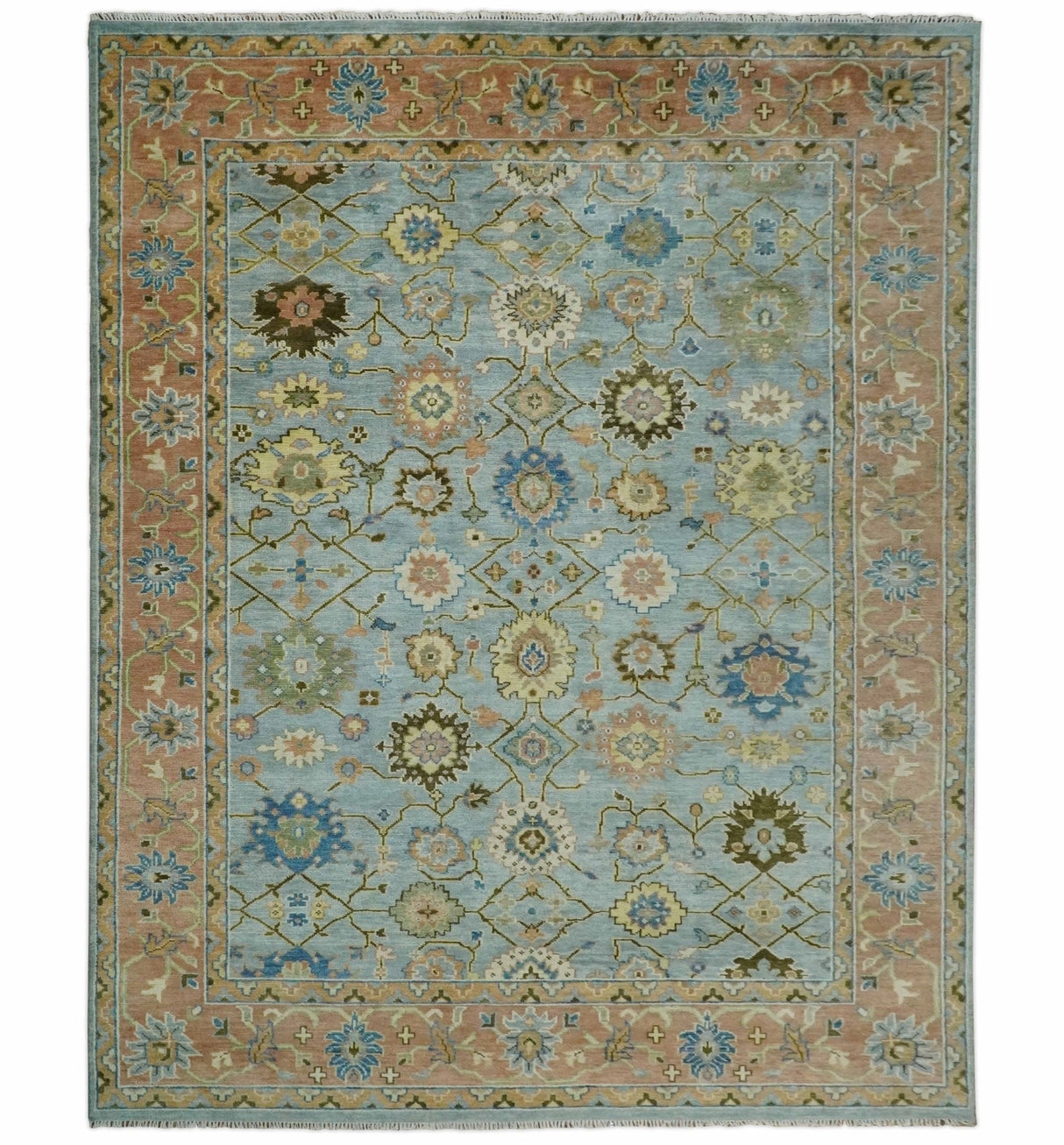 Hand Knotted Blue and Rust Traditional Oushak Area Rug