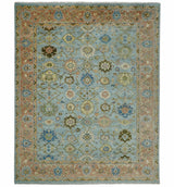 Hand Knotted Blue and Rust Traditional Oushak Area Rug