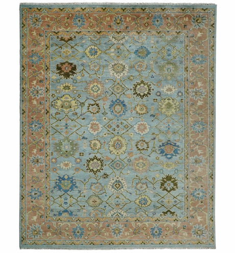 Hand Knotted Blue and Rust Traditional Oushak Area Rug