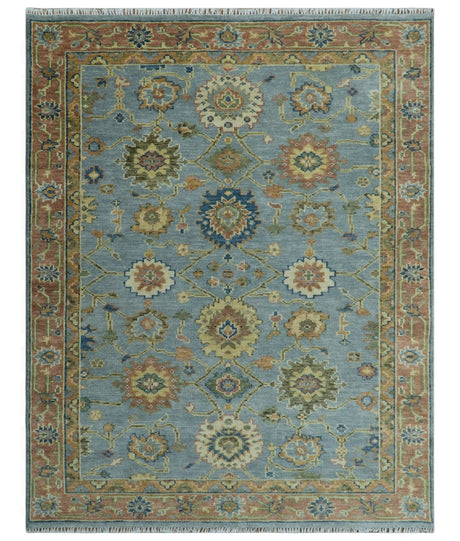 Hand Knotted Blue and Rust Traditional Oushak Area Rug