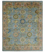 Hand Knotted Blue and Rust Traditional Oushak Area Rug