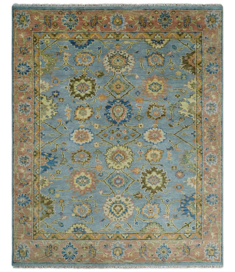 Hand Knotted Blue and Rust Traditional Oushak Area Rug