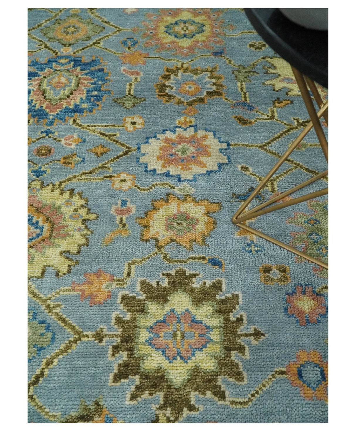 Hand Knotted Blue and Rust Traditional Oushak Area Rug