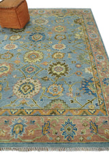 Hand Knotted Blue and Rust Traditional Oushak Area Rug