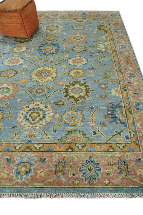 Hand Knotted Blue and Rust Traditional Oushak Area Rug