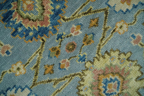 Hand Knotted Blue and Rust Traditional Oushak Area Rug