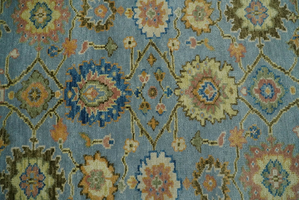 Hand Knotted Blue and Rust Traditional Oushak Area Rug