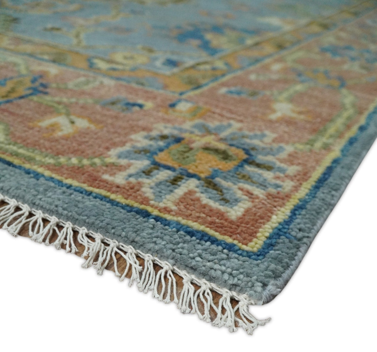 Hand Knotted Blue and Rust Traditional Oushak Area Rug