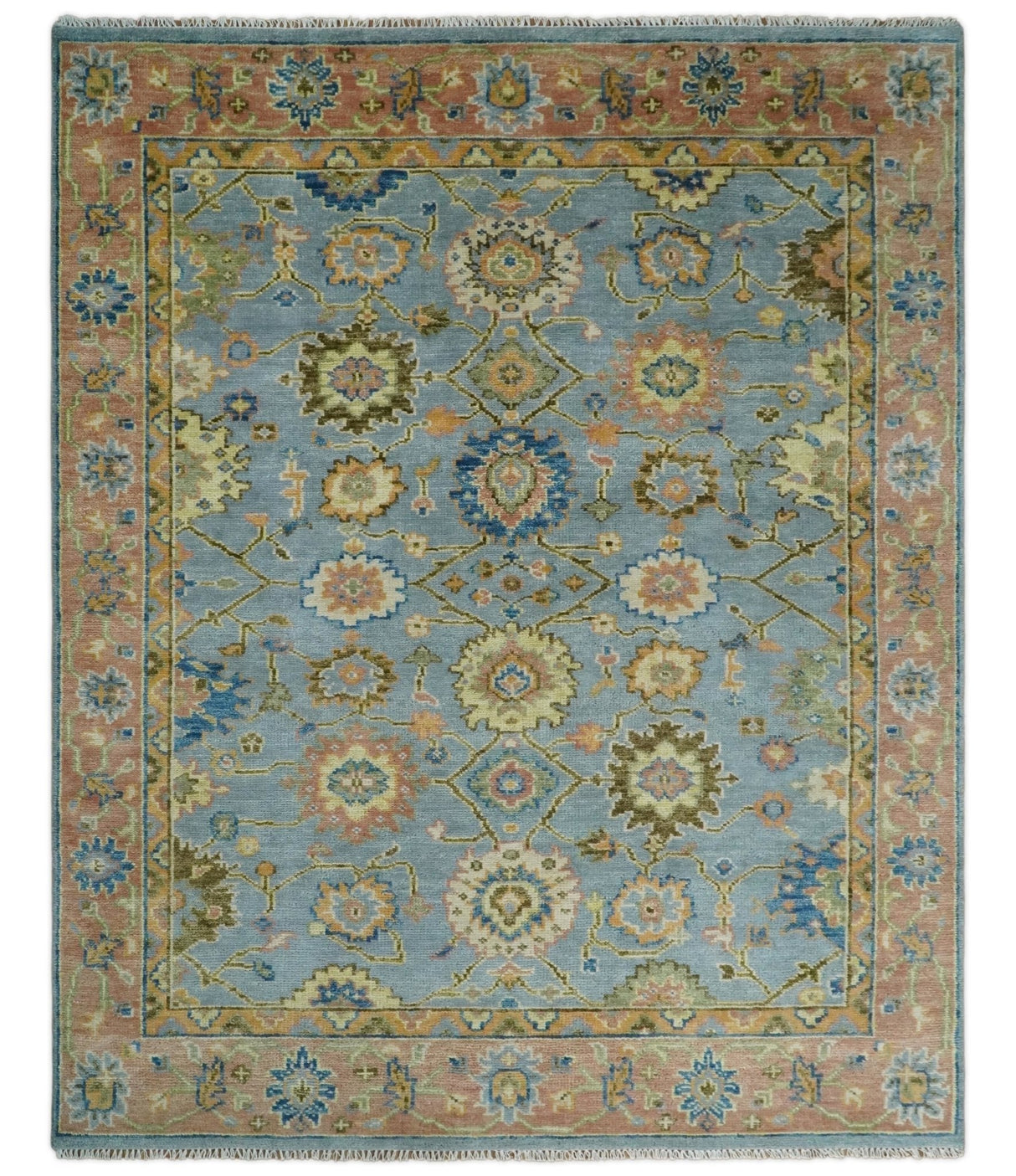 Hand Knotted Blue and Rust Traditional Oushak Area Rug