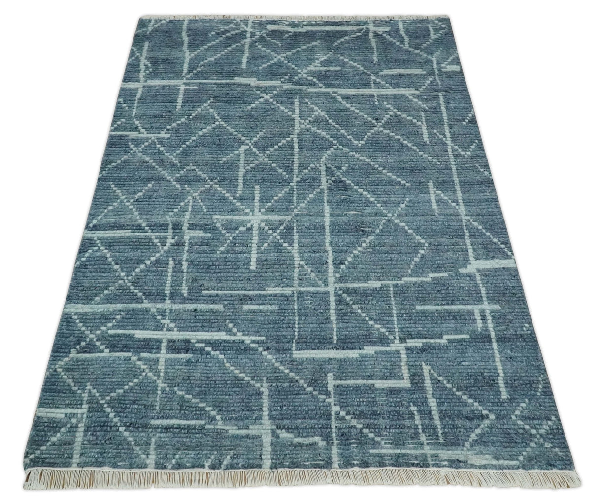 Hand Knotted Blue and Silver Trellis Moroccan Blended Wool Rug