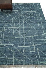 Hand Knotted Blue and Silver Trellis Moroccan Blended Wool Rug