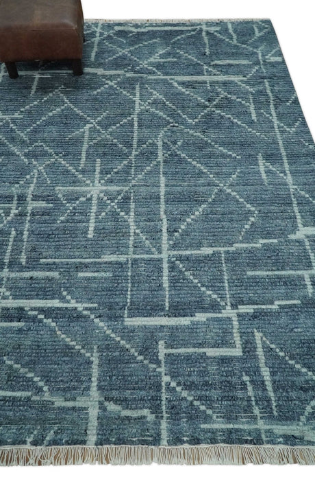 Hand Knotted Blue and Silver Trellis Moroccan Blended Wool Rug